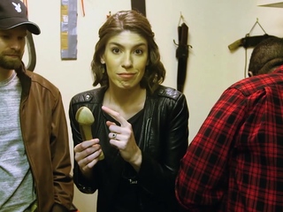 Amateur couple testing their new handmade wooden dildo