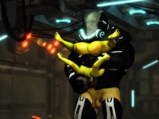 Female green alien gets fucked by a big monster in starship