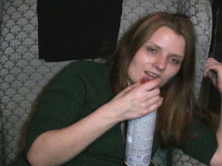 Brunette crack whore whiffs keyboard cleaner and gives a blowjob